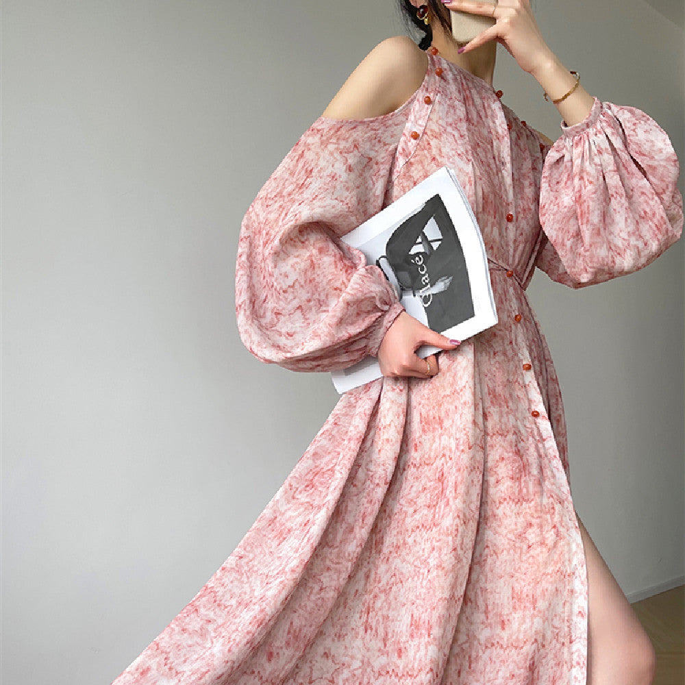 French Ink Summer Dress for Women in Late Court Red Polyester Fiber