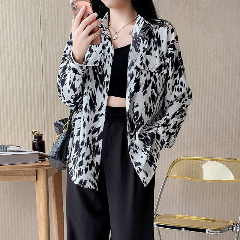Casual Retro Polo Collar Loose Long Sleeve Shirt Polyester