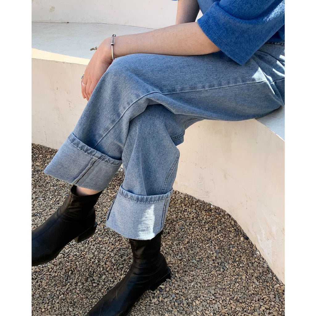 High Waist Light Blue Denim Wide Leg Pants