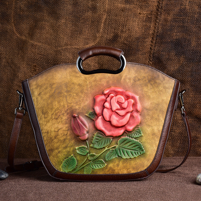 Retro Embossed Cowhide Messenger Handbag 35cm Zipper Closure