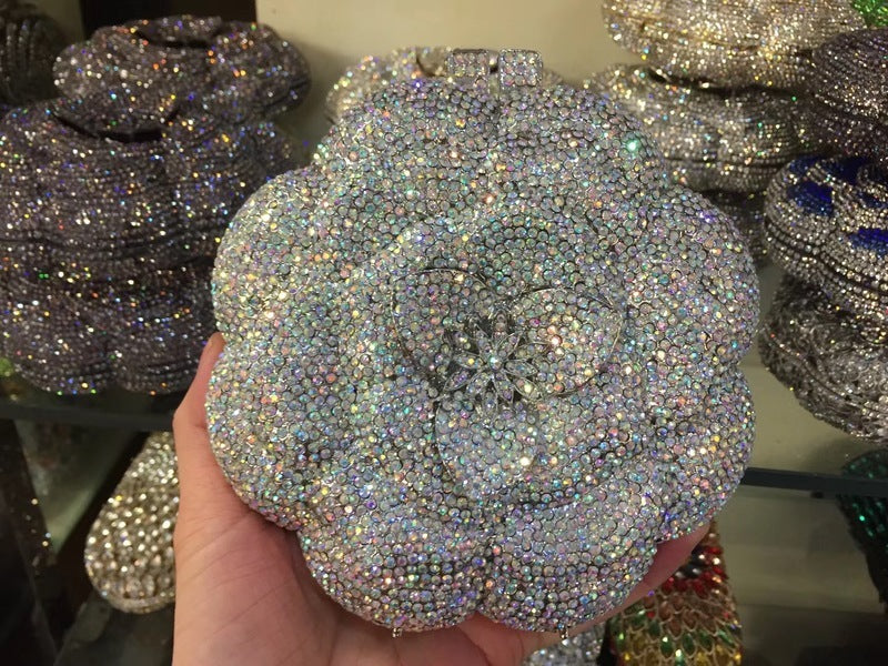Sac de soirée rigide rond en métal rose pour femmes