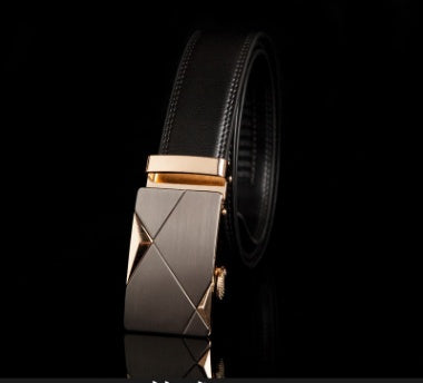 Men's Leather Automatic Buckle Belt 3.55CM Wide with Gold Buckle Head