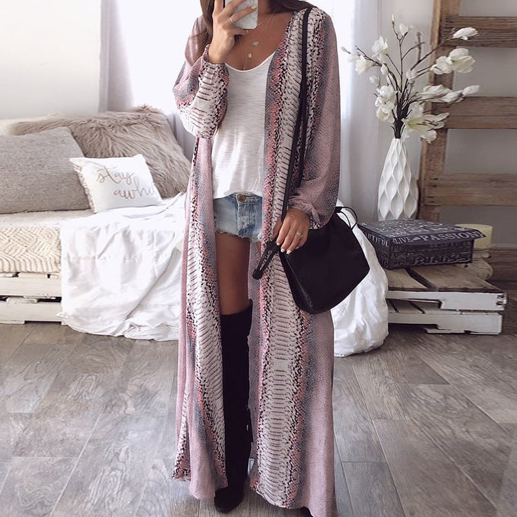 Manteau Long Cardigan Ample Imprimé Serpent en Mélange de Chanvre