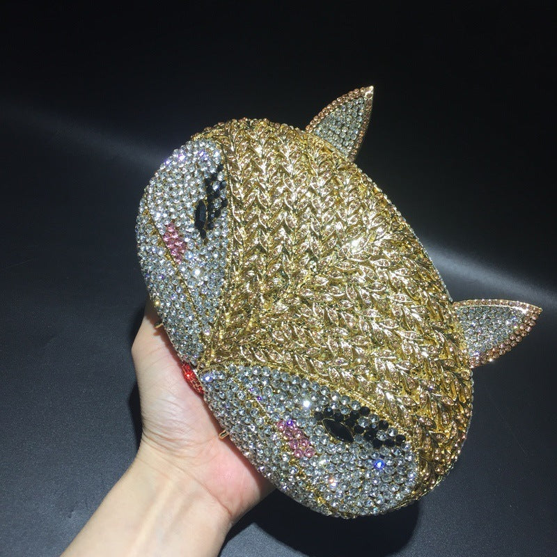 Gold Fox Rhinestone Hollow Metal Crystal Dinner Bag 21cm
