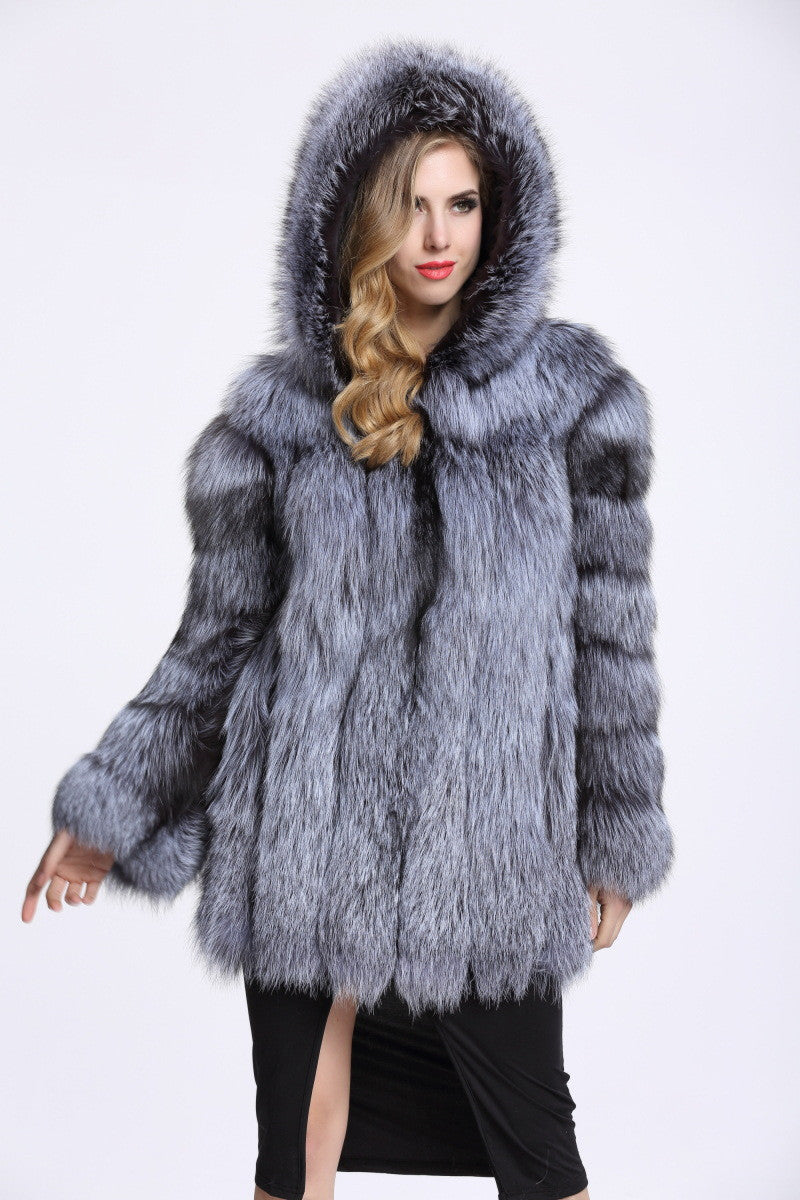 Faux Fox Fur Coat in Black, Grey & White, Sizes S-4XL