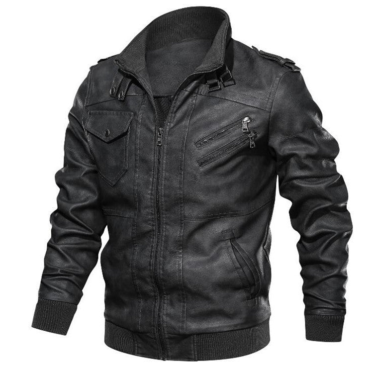 PU Leather Plain Hoodless Jacket with Vertical Collar and Zipper Front