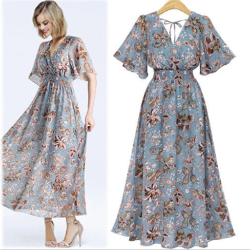 French V-neck dress short sleeve