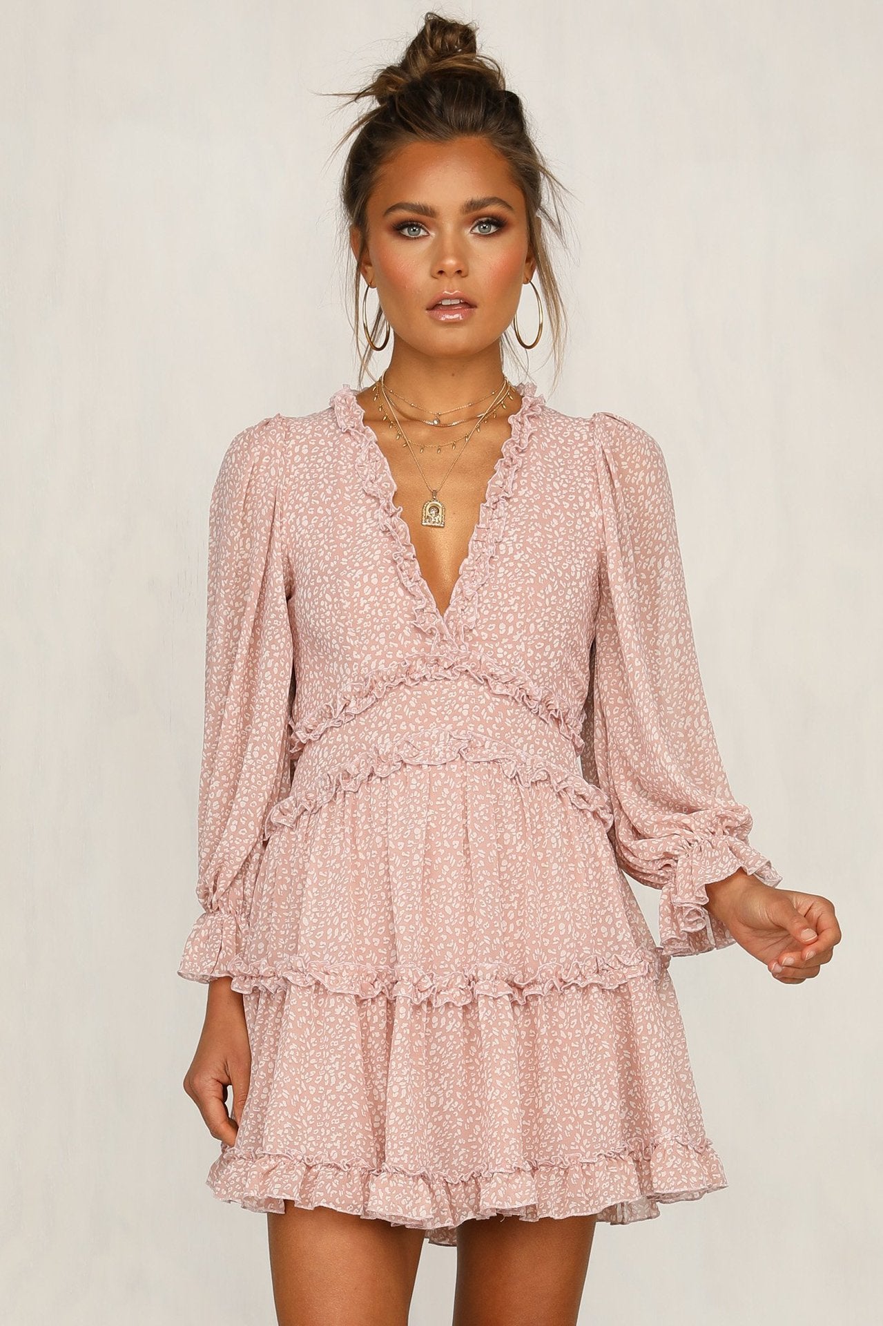 V-Neck Bubble Sleeve Short Chiffon Dress