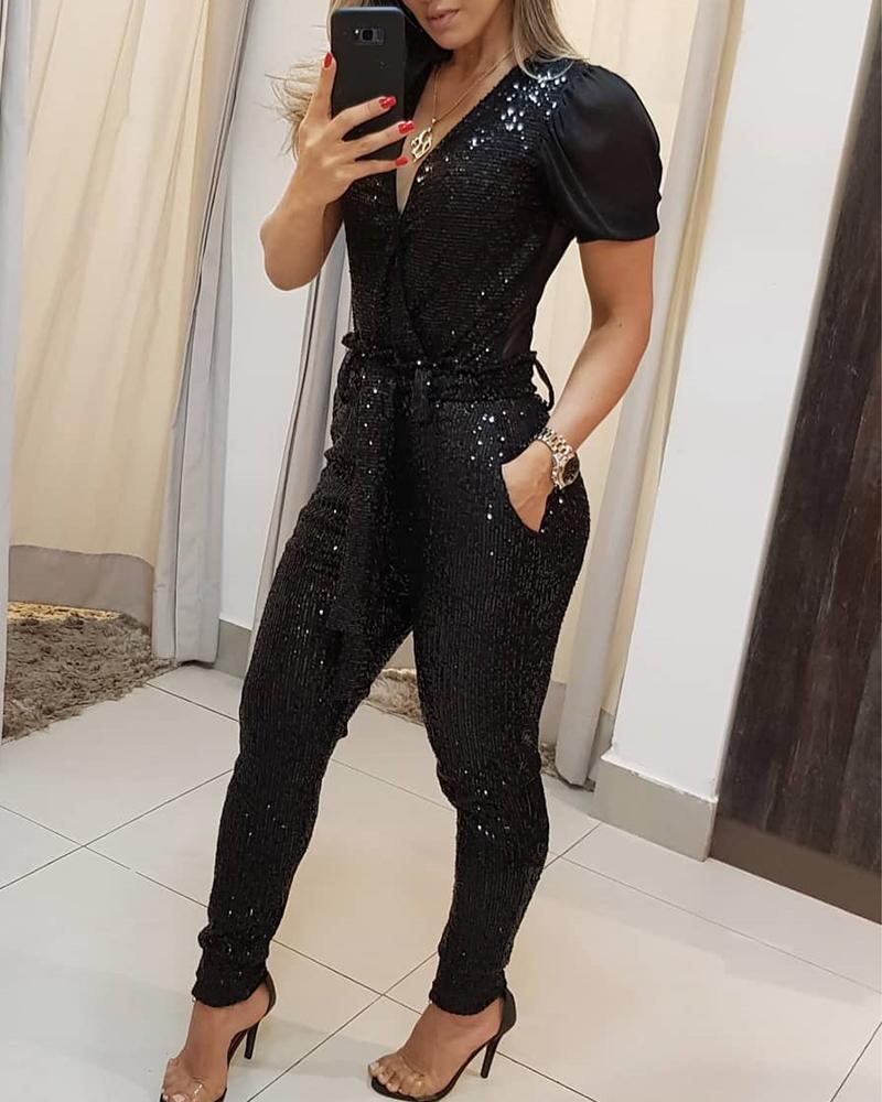 Combinaison longue à paillettes noire en V profond, mélange de coton