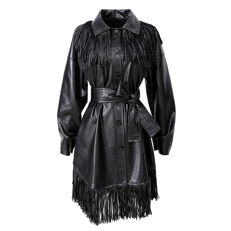 Nouvelle Jupe Longue en Similicuir avec Dentelle à la Taille et Ceinture