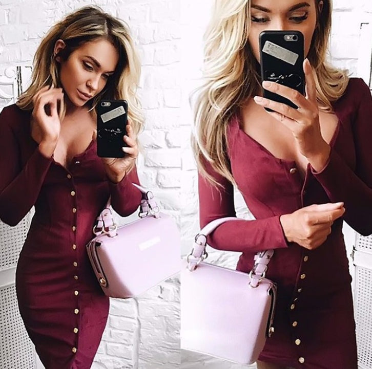 Robe courte de soirée cocktail moulante en coton à manches longues pour femme - Printemps