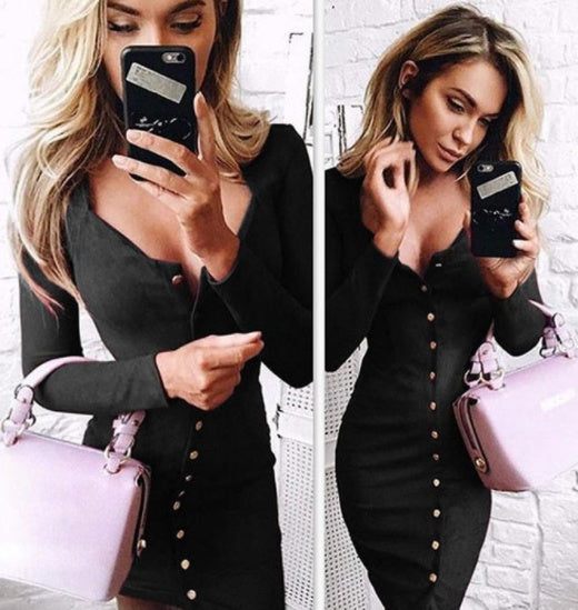 Robe courte de soirée cocktail moulante en coton à manches longues pour femme - Printemps