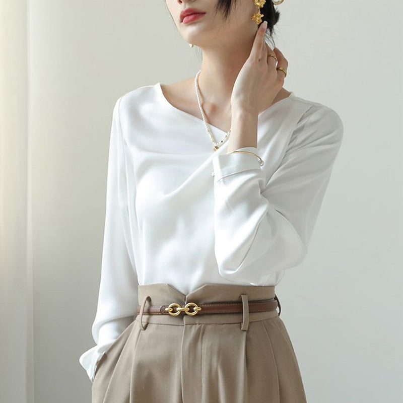 French White Satin Irregular Versatile Shirt Top