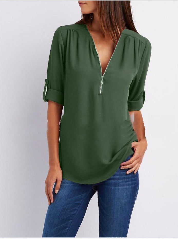 Chemisier ample zippé à col en V et manches courtes pour femme, disponible en plusieurs coloris