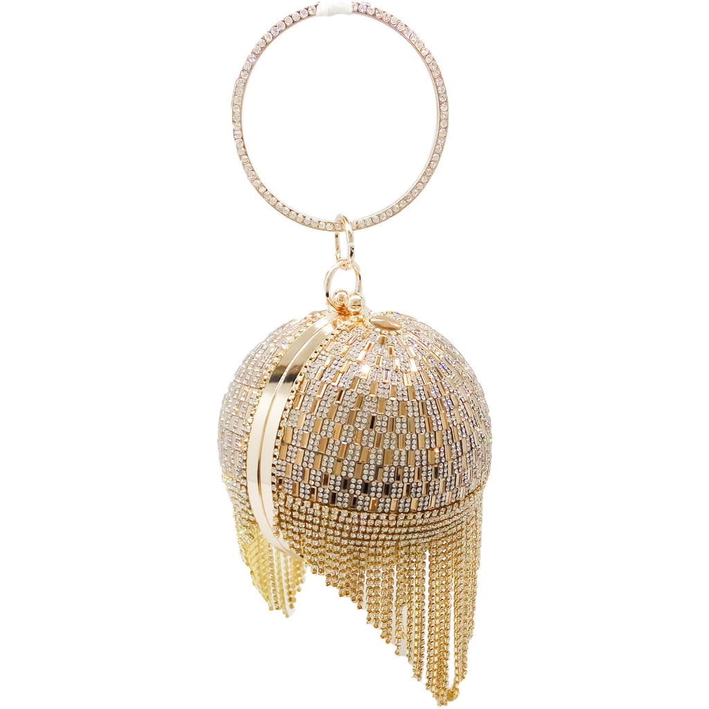 Small Round Tassel Tote Bag with Rhinestones and Chain Handle