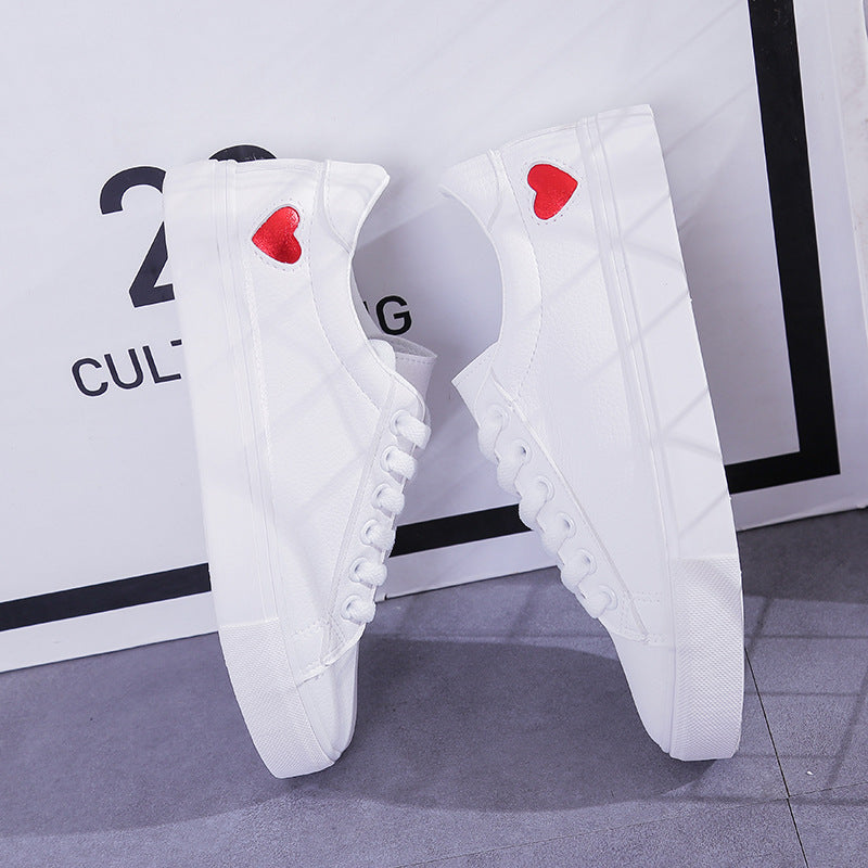 Women’s PU Leather Heart Flats Casual Breathable White Sneakers