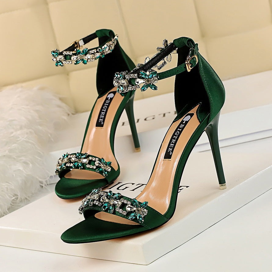 Sexy Satin Stiletto High Heels for Women with Rhinestones, 9CM Heel