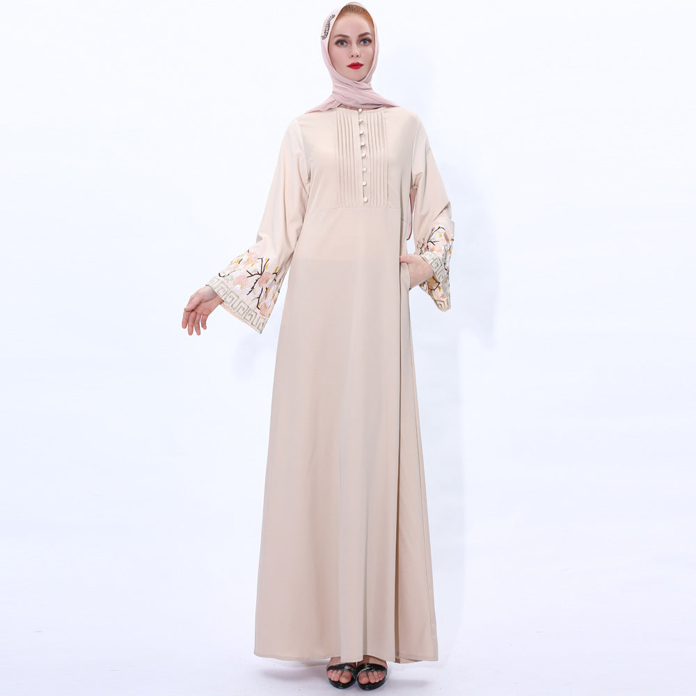 Retro Slim Muslim Women's Summer Dress with Embroidery