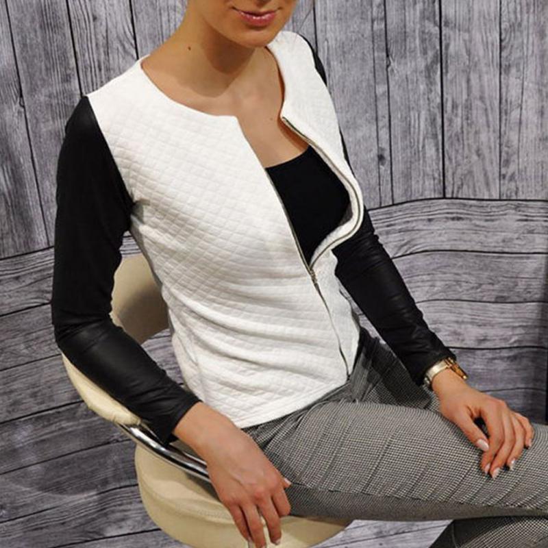 Women’s PU Leather Patchwork Plaid Slim Short Jacket Blazer Coat for Spring Autumn