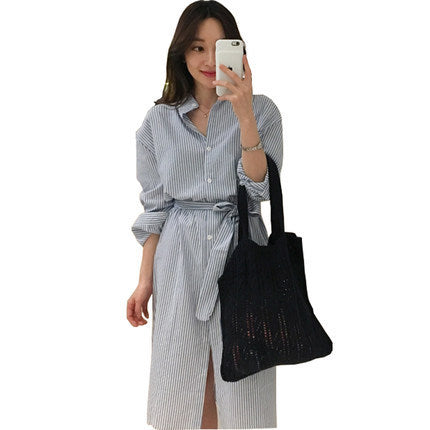 Jupe chemise en coton et lin rayée avec fente