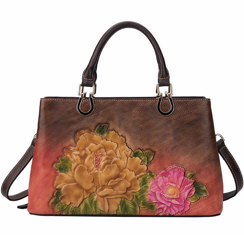 Peony Embossed Cowhide Leather Bag for Ladies Large Capacity