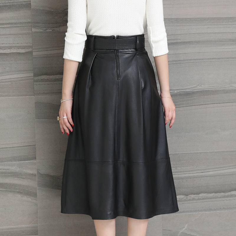 Jupe mi-longue en cuir véritable de mouton pour femme - collection printemps