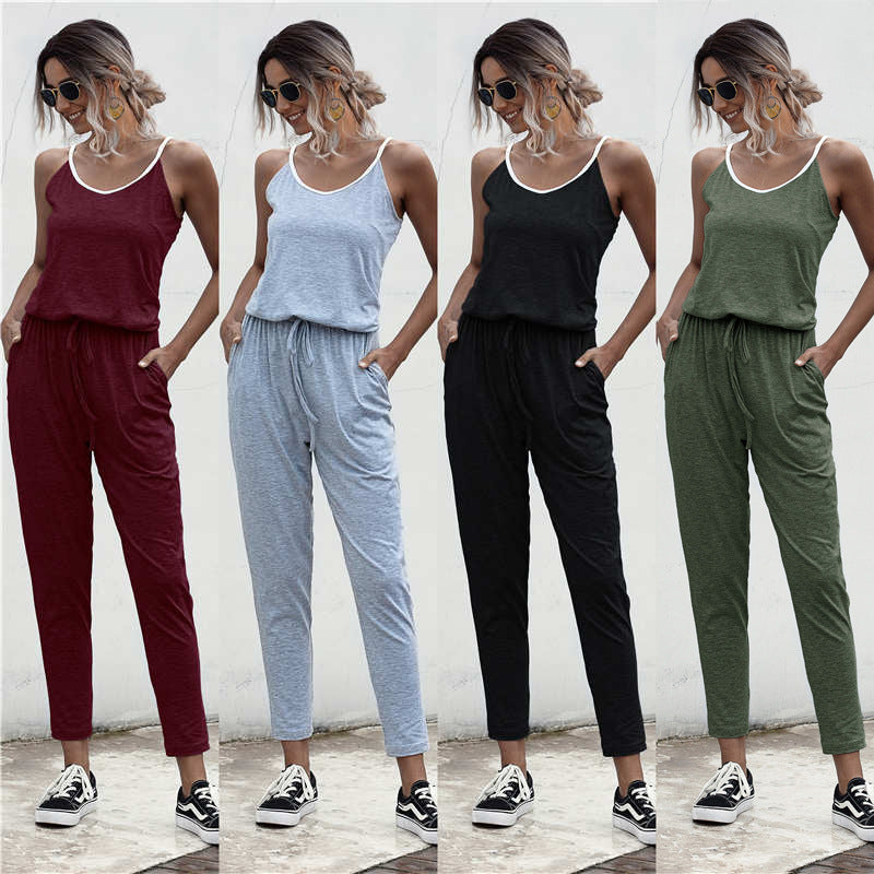 Summer Color Block Suspender Jumpsuit in Gray, Black & Army Green