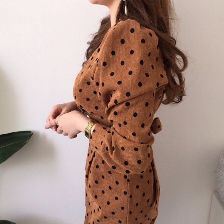 Wave Dot V-Neck Lace Bowknot Waist Bag Hip Dress in Brown & Apricot