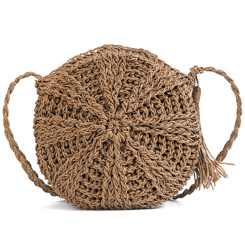 Hollow Round Straw Bag with Zipper – Coffee & Beige, 18x16x23cm