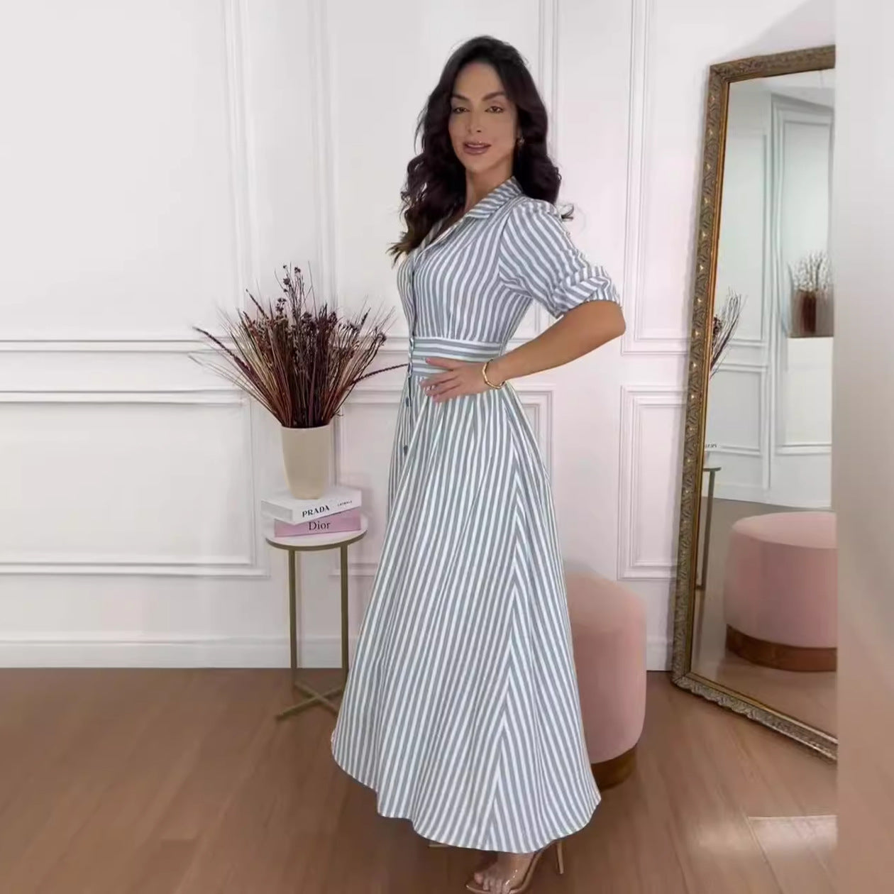 European And American Fashion Striped Printing Elegant Style Temperament Shirt Long Dress