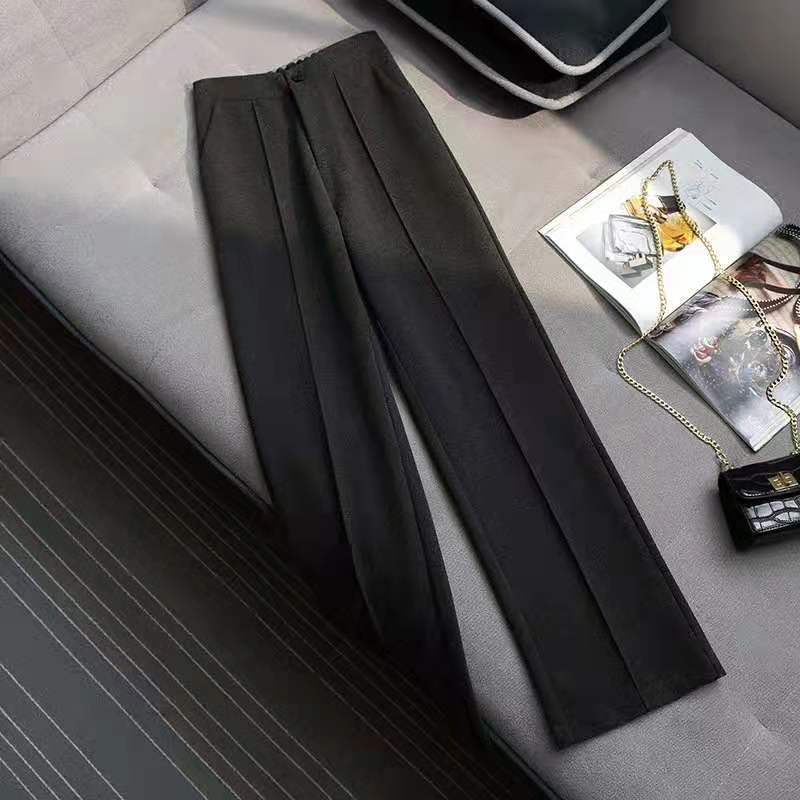 Pantalon droit taille haute en mélange laine et coton