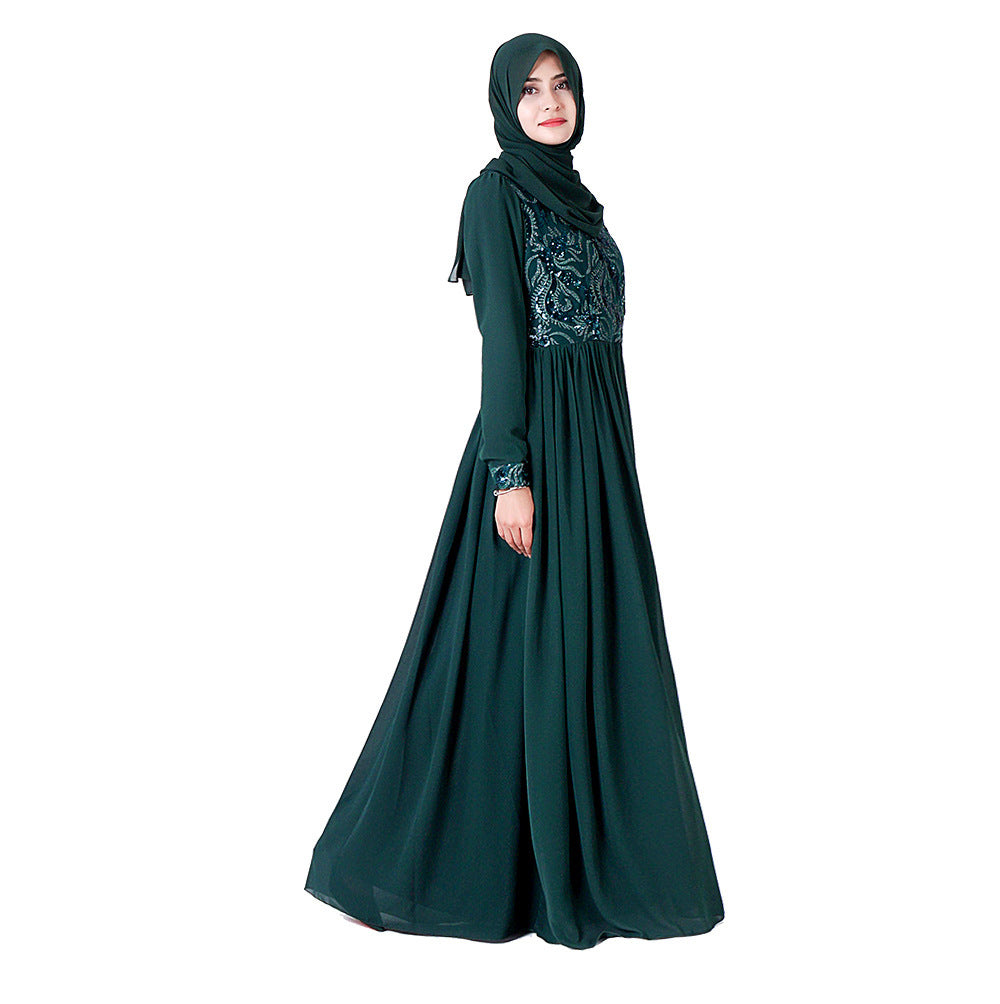 Robe musulmane brodée à manches longues en dentelle à sequins