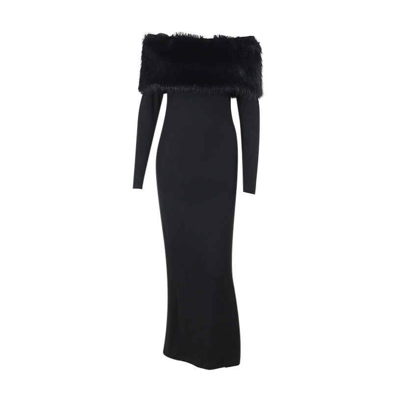 Off-Shoulder Black Fur Collar Slim Fit Dress for Women S-L