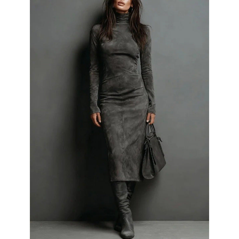 Robe crayon moulante mi-longue à col roulé et manches longues pour femme