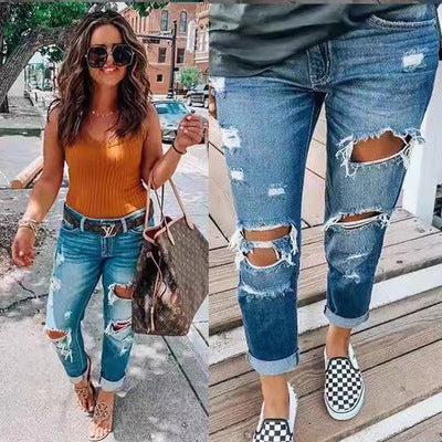 Jean denim bleu déchiré pour femme, taille mi-haute, pantalon crayon usé
