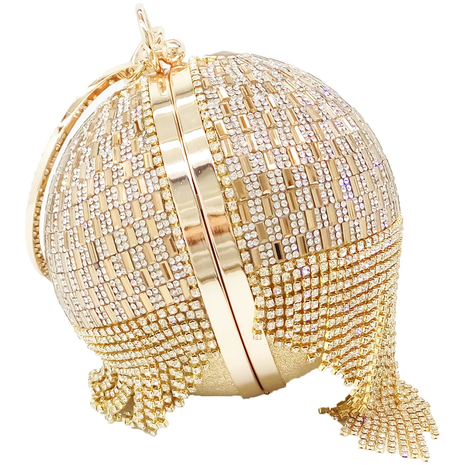 Small Round Tassel Tote Bag with Rhinestones and Chain Handle