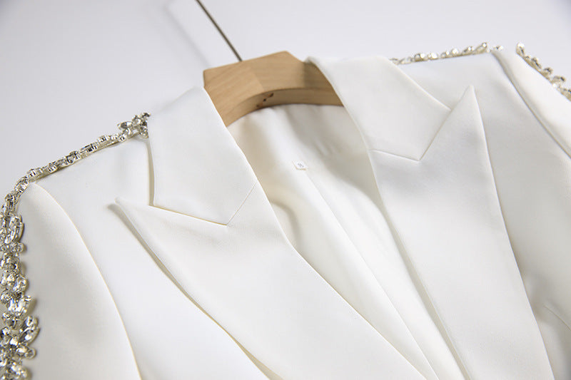 Medium Length Suit Coat with Wide Leg White Polyester Trousers