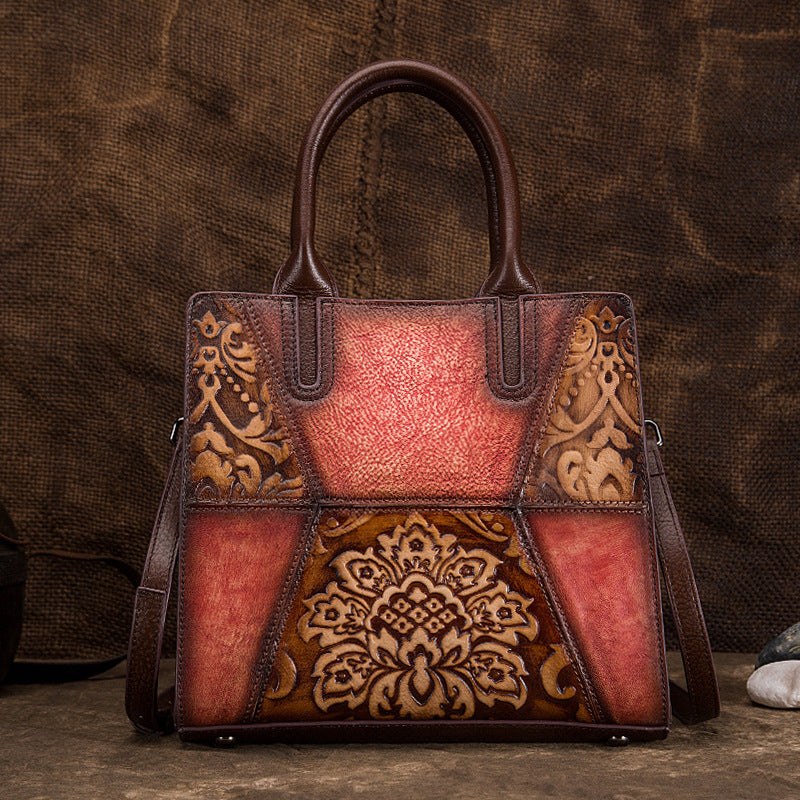 Retro High Leather Hand-Painted Embossed Tree Handbag 25cm