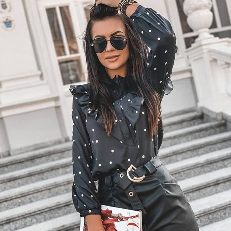 Ruffled Long Sleeve Polka Dot Shirt