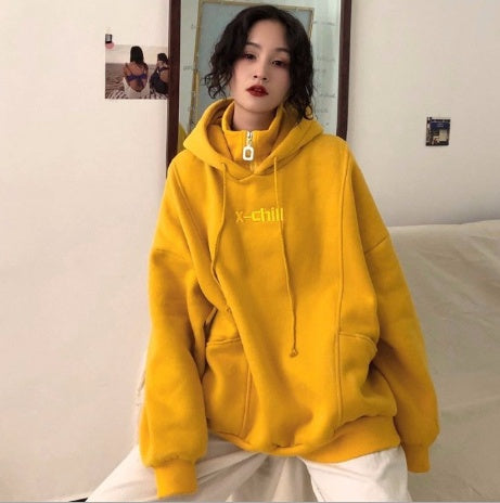 Sweat à capuche ample brodé femme automne hiver, pull chic doux en velours