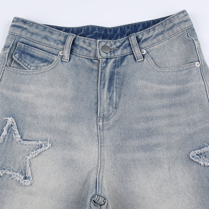 Embroidered High Waist Straight Leg Denim Jeans