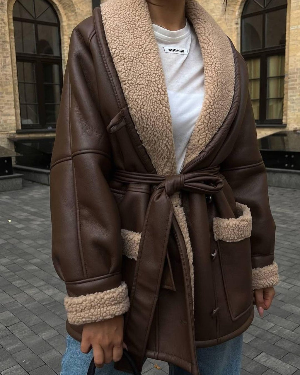 Women’s Long Sleeve Leather and Fur Splicing Coat