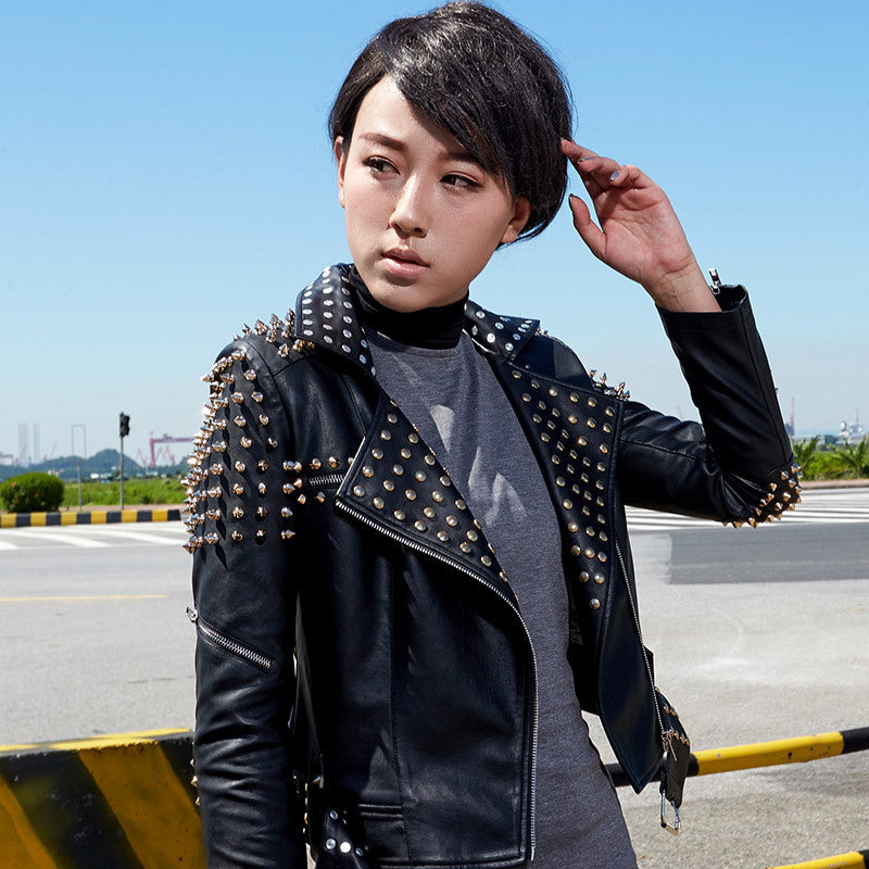 Women's Punk PU Leather Motorcycle Jacket with Rivets and Stand Collar