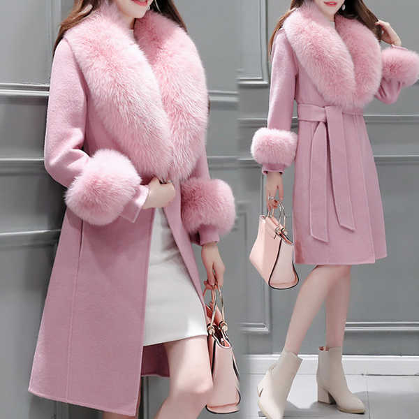 Women's Long Lace-Up Coat with Fur Collar