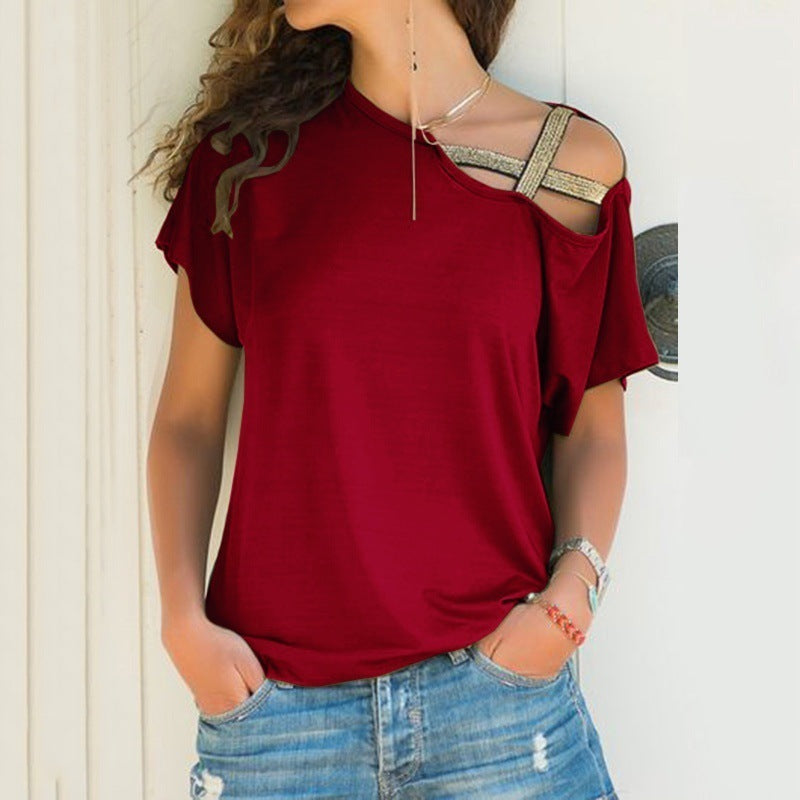 AliExpress Amazon spring and summer explosion models Europe and the United States casual shoulder cross irregular short-sleeved T-shirt women's shirt