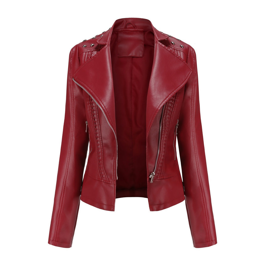 Beaded Leather Women's Long-Sleeve Lapel Motorcycle Jacket Thin Fashion Coat