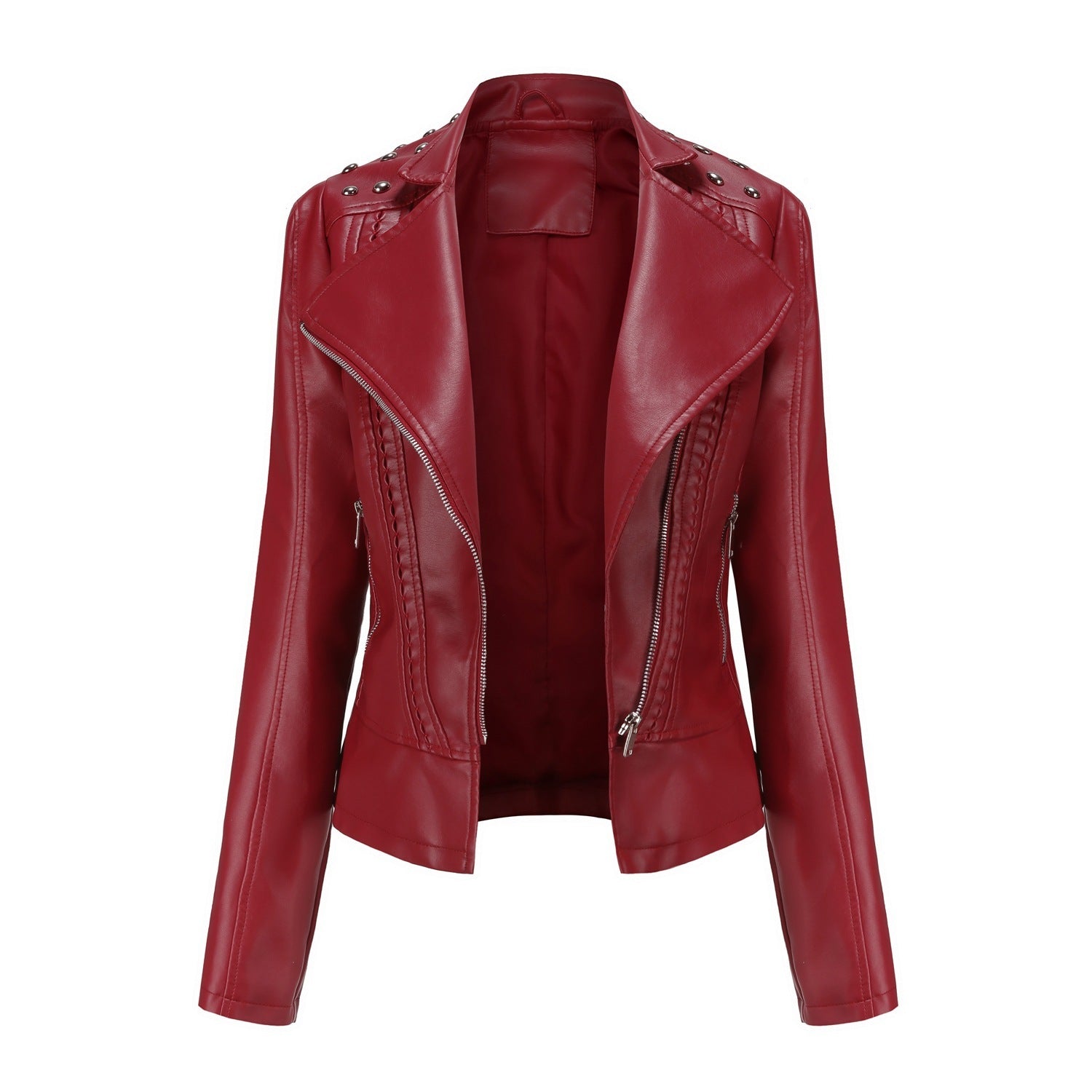 Beaded Leather Women's Long-Sleeve Lapel Motorcycle Jacket Thin Fashion Coat