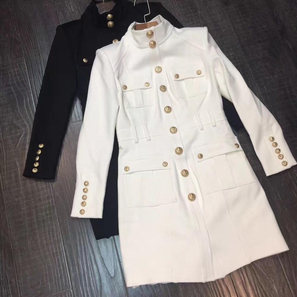 Long Sleeve Black Button Dress with Bow Tie and Stand Collar