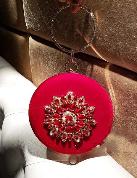 LOLIBOX Pochette de soirée ronde en velours pour femme avec poignée anneau diamant pour fête