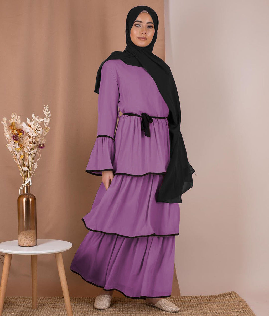 Robe Musulmane Turque Jupe Longue Col Rond Manches Trompette avec Foulard